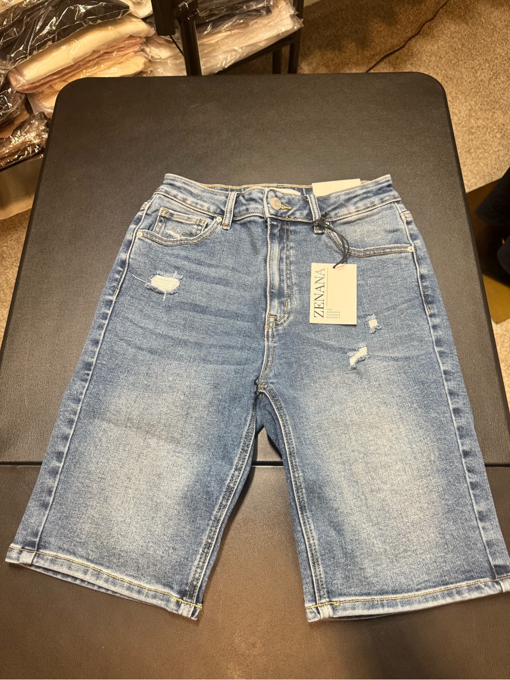 Zenana Outfitters Distressed Medium Blue Denim Shorts for Men